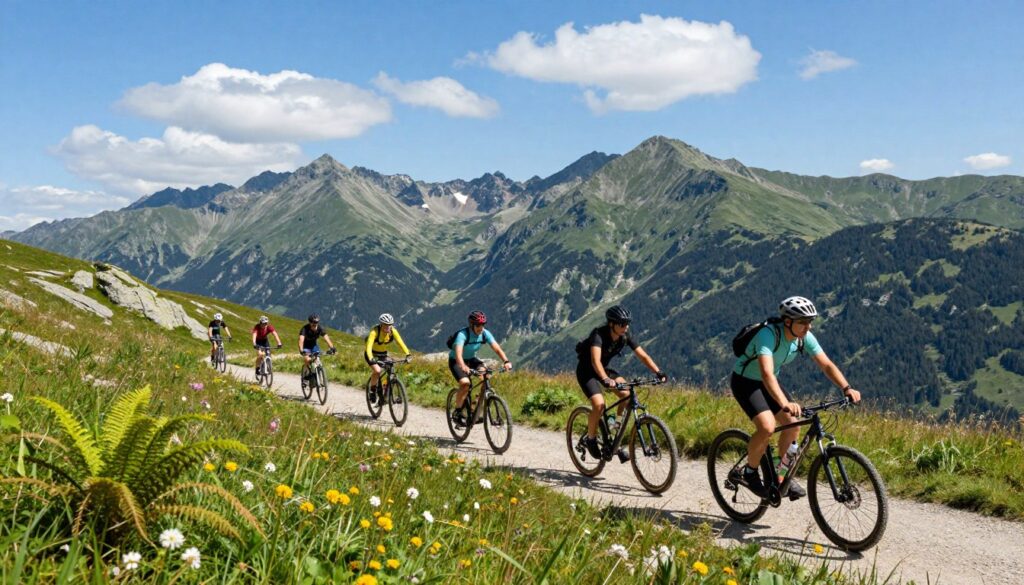 A scenic mountain landscape featuring a group of mountain bikers navigating a winding trail amidst the stunning peaks of the Stołowe Mountains. In the foreground, the bikers, dressed in vibrant, modest cycling gear, are actively pedaling, showcasing determination and enthusiasm. The middle-ground presents lush greenery and rocky terrain, with the bikers surrounded by wildflowers and ferns that add visual interest. In the background, majestic mountains rise under a clear blue sky, with a few fluffy white clouds dotting the horizon, casting soft shadows on the terrain. The overall lighting is bright and inviting, suggesting a beautiful day for outdoor activities. The atmosphere is energetic yet tranquil, embodying the essence of a perfect biking season amid nature's beauty.