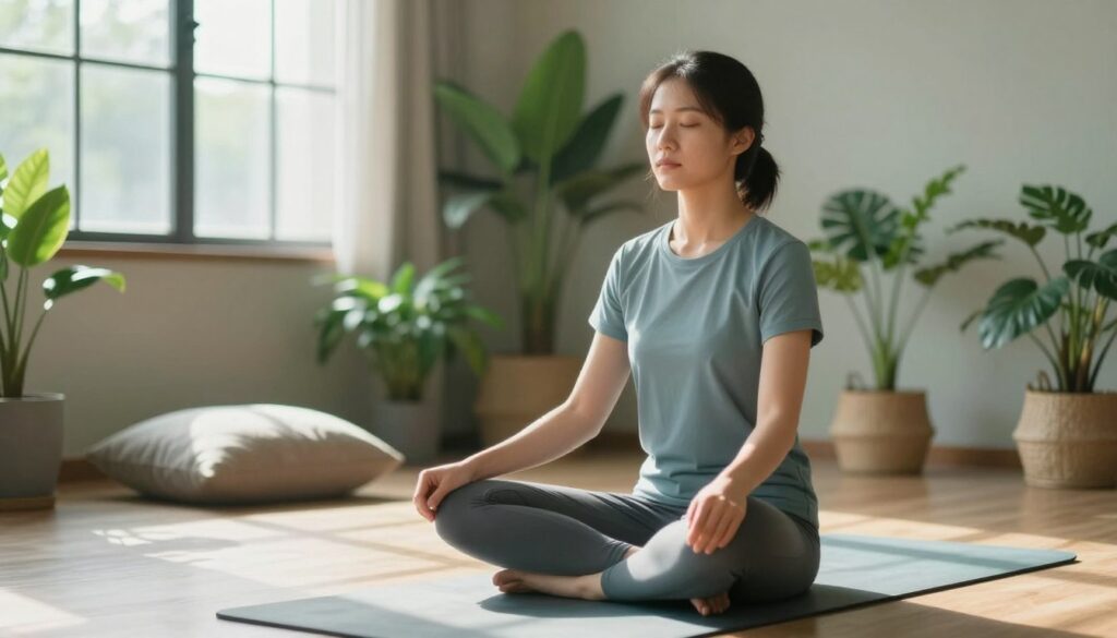 A serene indoor scene depicting psychological recovery after training. In the foreground, a young adult dressed in modest athletic clothing sits cross-legged on a yoga mat, eyes closed, with a calm expression, practicing mindfulness. The middle of the image features calming elements like potted plants and soft cushions that suggest relaxation. In the background, a softly-lit room with large windows allows natural light to filter in, creating a warm atmosphere. Sunlight casts gentle shadows, enhancing the tranquil mood. The color palette should consist of soothing greens and soft blues. The image captures the essence of mental rejuvenation through mindful practices, conveying a sense of peace and focus.
