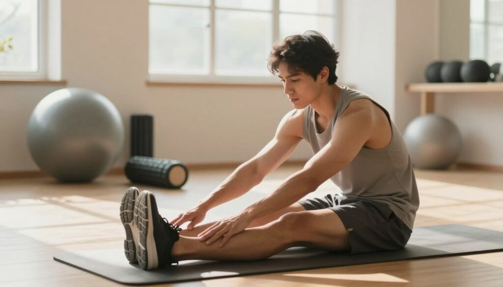 A serene indoor sports recovery setting, featuring a young adult athlete sitting on a yoga mat, dressed in modest athletic wear, stretching their legs after a run. In the foreground, focus on their relaxed facial expression and extended limbs, showing a sense of calm and rejuvenation. The middle ground should include a balance ball and foam roller, emphasizing core strength and muscle relaxation technique. In the background, soft diffused sunlight filters through large windows, casting gentle shadows and creating a warm, inviting atmosphere. The lens should capture a wide-angle view, enhancing the spaciousness and tranquility of the recovery space, with an overall mood of peaceful regeneration and self-care.