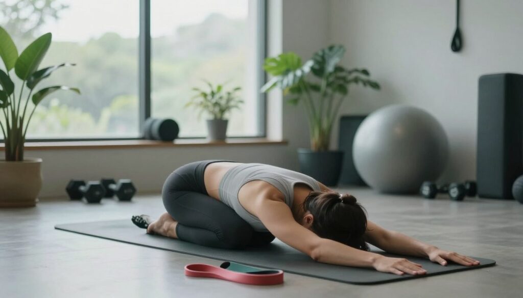 A serene indoor training space featuring a dedicated athlete in modest workout clothing, focusing on post-exercise recovery. In the foreground, the athlete is performing a gentle stretch on a yoga mat, surrounded by foam rollers and resistance bands. The middle section includes fitness equipment like dumbbells and a stability ball, emphasizing a holistic approach to fitness. The background showcases a large window with soft, natural light pouring in, illuminating green plants that enhance the calming atmosphere. The use of a wide-angle lens captures both the athlete and their training environment, creating a mood of tranquility and determination, reflecting the theme of adapting recovery to training intensity.