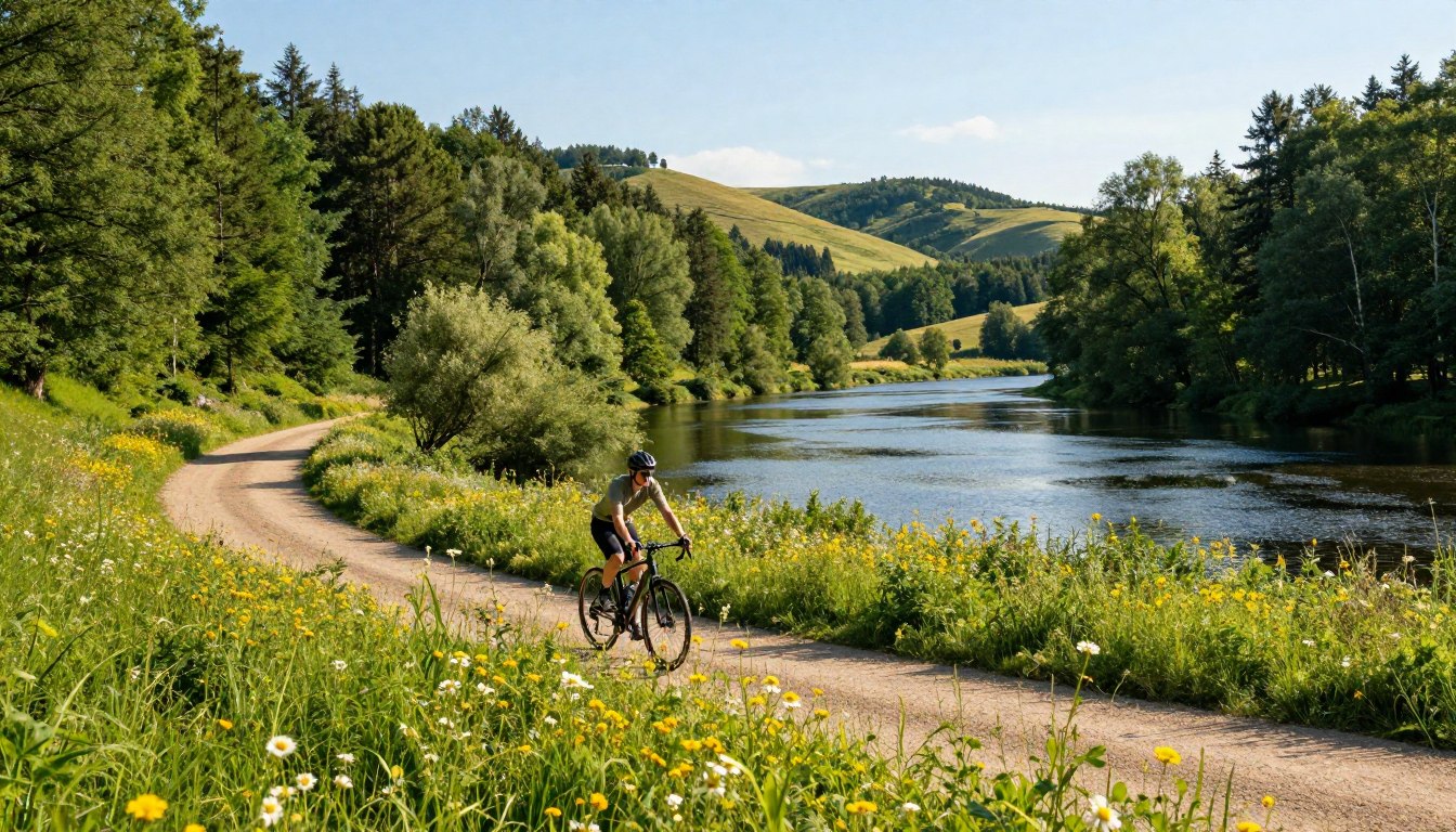 A serene landscape showcasing a cyclist riding through lush, green national park terrain at Krynica Morska and Wolin. In the foreground, the cyclist, dressed in modest activewear, navigates a winding path embedded among vibrant wildflowers. The middle ground features dense trees and clear, glistening water reflecting the bright blue sky, hinting at a tranquil river or lake. In the background, rolling hills suggest a diverse ecosystem, with hints of wildlife peeking through. The scene is bathed in warm, golden sunlight, creating a relaxed and eco-friendly atmosphere. Use a wide-angle lens to capture the expansive beauty of nature, emphasizing the connection between cycling and environmental conservation. The overall mood is peaceful, promoting an appreciation for nature and the joy of sustainable tourism.