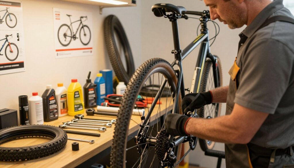 A skilled bicycle mechanic performing maintenance on a bicycle in a well-organized bike workshop. In the foreground, focus on the mechanic, a middle-aged individual wearing a fitted work shirt and gloves while adjusting the gears of the bike. In the middle background, a variety of bike parts and tools are neatly arranged on a workbench, including wrenches, lubricants, and tires. The workshop is well-lit with warm, ambient lighting, creating a welcoming atmosphere. On the walls, there are posters of different bike models and parts for visual interest. The scene conveys a sense of professionalism and dedication, illustrating the importance of regular bike servicing to keep them in top condition.