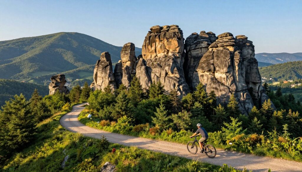 A stunning landscape of the Stołowe Mountains, showcasing their unique sandstone formations and lush forests. In the foreground, a winding mountain bike trail meanders through vibrant greenery, with a cyclist in modest casual clothing enjoying the ride. The middle ground features distinctive rock formations, such as the famous Labyrinth, rising majestically against the backdrop of a clear blue sky. In the background, a panorama of rolling hills and distant peaks creates depth. Soft, golden sunlight bathes the scene, casting gentle shadows and enhancing the natural colors. The atmosphere is serene and inviting, perfect for outdoor exploration and adventure in this beautiful tourist region. The image should be captured from a slightly elevated angle, emphasizing the scale and beauty of the landscape.