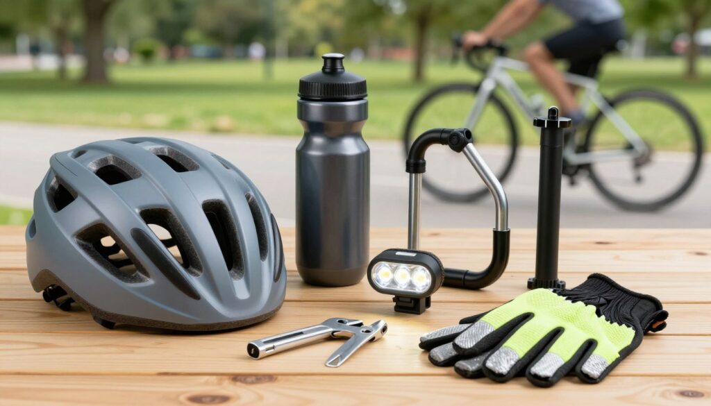 A vibrant and detailed display of essential bicycle accessories laid out on a wooden surface. In the foreground, showcase a high-quality helmet, a durable water bottle, a multi-tool, and a pair of reflective gloves, emphasizing their textures and colors. In the middle ground, include a set of bright LED lights, a stylish bike lock, and a compact mini pump, arranged thoughtfully to highlight their functionality. The background features a blurred image of a scenic park and a bicycle in motion, creating an inviting atmosphere. Soft, natural lighting enhances the colors and details, with a shallow depth of field focusing on the accessories. Aim for a clean, professional look that conveys the importance of these items for any cyclist.