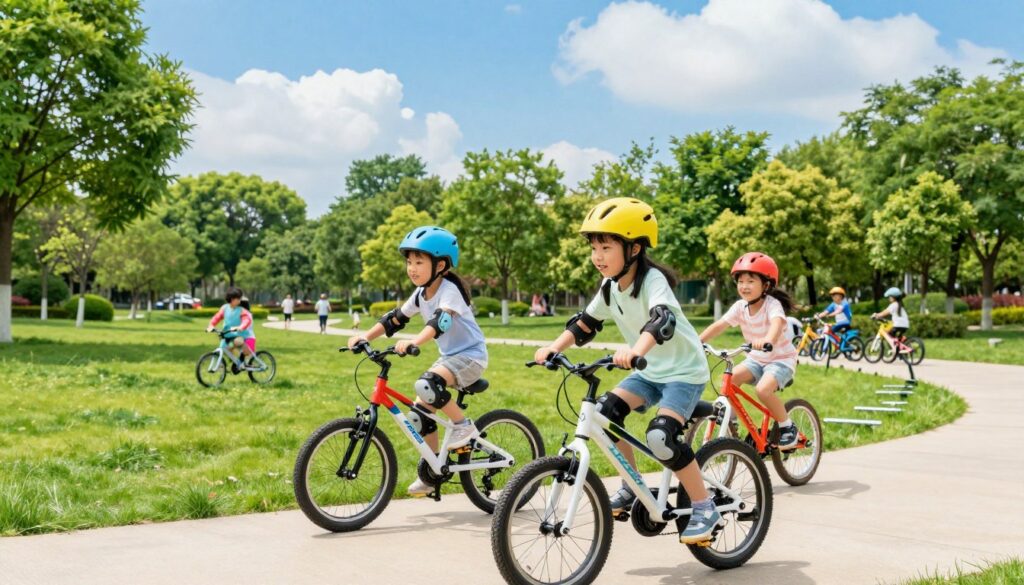 A vibrant scene of children riding bicycles in a safe park environment. In the foreground, two kids, a boy and a girl, wear bright colored helmets and protective pads while joyfully cycling. Their focus is on their safety gear, including knee and elbow pads. In the middle ground, a sunny park with lush green grass and trees provides a welcoming atmosphere, while other families enjoy the outdoors. The background features a clear blue sky, fluffy clouds, and distant bicycle racks filled with various children's bikes. The lighting is bright and cheerful, capturing the essence of a safe and fun biking experience, shot with a wide-angle lens for a dynamic perspective.