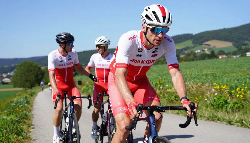 Jan Kudra, a Polish cycling champion, is prominently featured in the foreground, wearing a vibrant national team jersey with red and white stripes, demonstrating an athletic pose as he confidently holds his racing bike. His expression is determined, illustrating his passion and commitment to the sport. In the middle ground, teammates in similar jerseys engage in conversation and camaraderie, showcasing team spirit. In the background, a scenic outdoor cycling trail is visible, lined with lush greenery and distant hills under a clear blue sky, reflecting the energy and vibrancy of competitive cycling. The lighting is bright and sunny, creating a dynamic and inspiring atmosphere. The image is shot from a low angle to emphasize Jan's stature and the excitement of the moment.