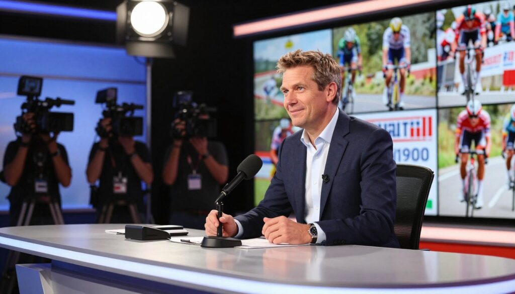 Jan Kudra, a legendary Polish cyclist, is depicted in a vibrant media setting. In the foreground, he is confidently seated at a sleek modern desk, dressed in smart casual attire, engaging with a microphone, showcasing his charisma as he discusses his achievements. The middle layer features cameras and bright studio lights, conveying a professional news environment. Behind him, large screens display images of cycling victories and media coverage, reflecting his impact on the sport. The atmosphere is lively and dynamic, with warm lighting that highlights his features and creates an inviting ambiance. The perspective captures a slightly low angle, emphasizing his stature and presence in the cycling community, creating a sense of admiration and respect.