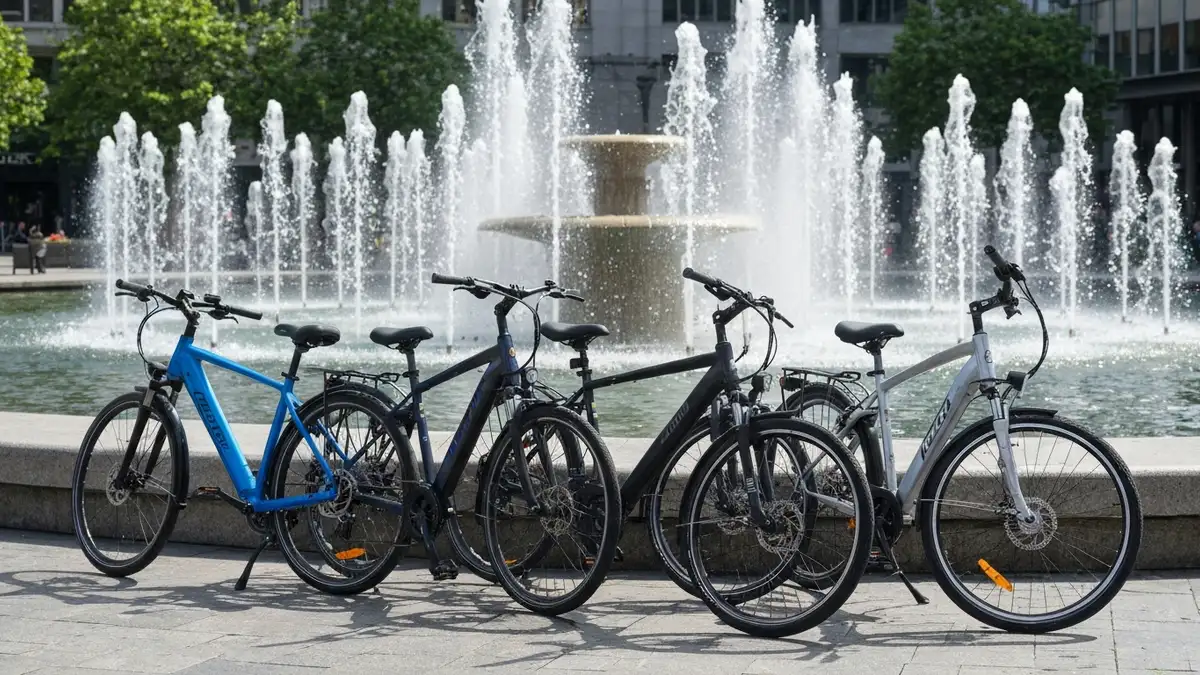 Pięć nowoczesnych e-bikeów miejskich w kolorach niebieskim, czarnym i srebrnym, zaparkowanych w centrum miasta obok zdrojnika