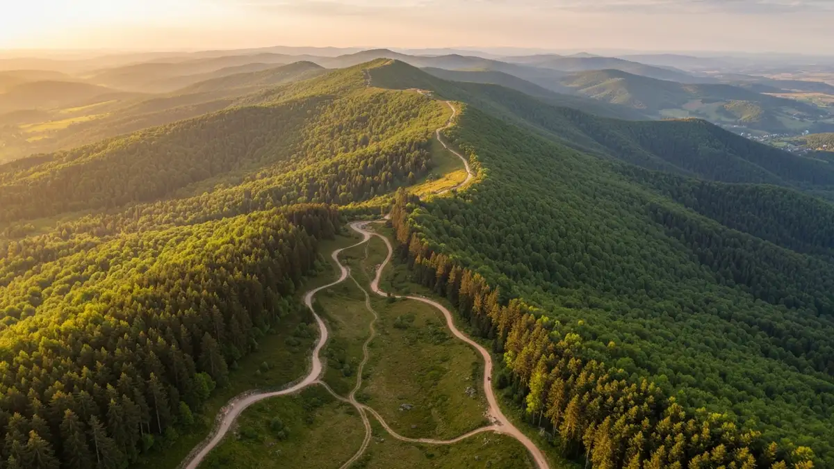 Panoramiczny widok na Bieszczady - górzyste tereny z lasem, przełęcze i ścieżki rowerowe