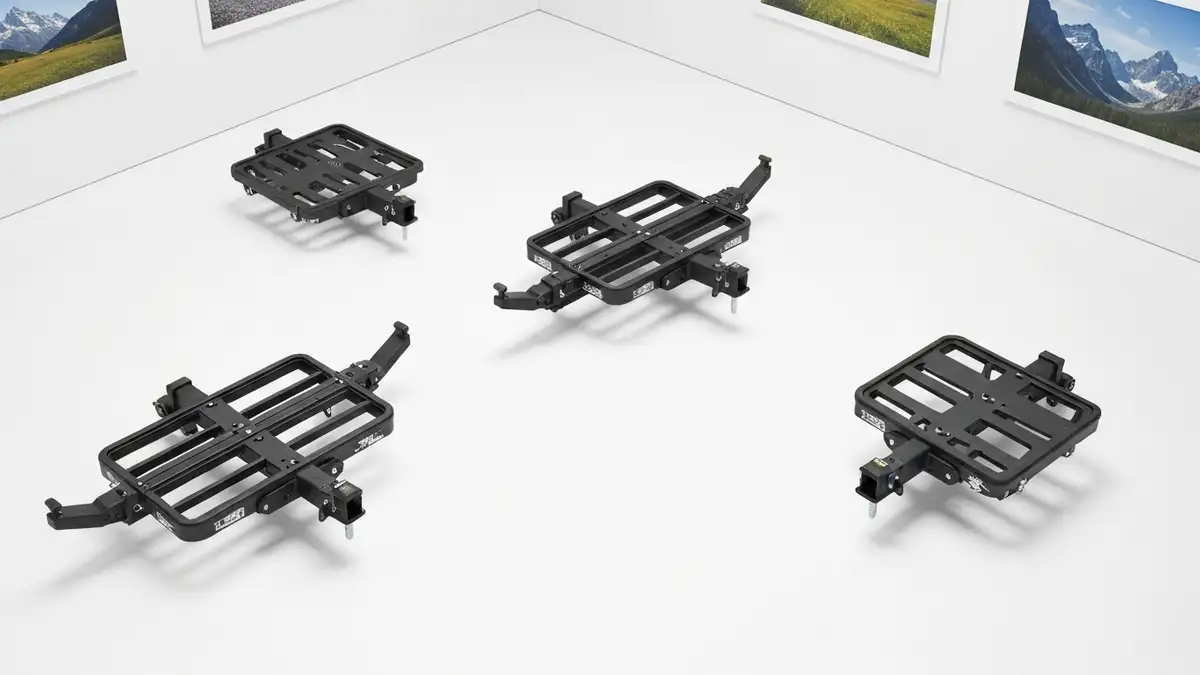 Pięć nowoczesnych bagażników na hak na 3 rowery ustawione razem, pokazujące różne modele i kolory (Thule, Atera, BrightLines, oraz 2 inne premium modele), wszystkie zamontowane na hakach holowniczych samochodów, na tle szlaków górskich Polski