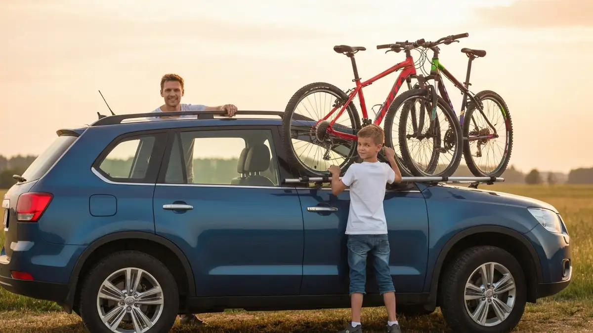 Młoda rodzina zapakowuje rowery do bagażnika samochodowego na dachu, widok z góry, słoneczny dzień, trzy rowery górskie MTB
