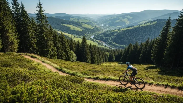 Panorama Beskidu Niskiego z cyklistą na górskiej trasie MTB z widokami na doliny i lasy