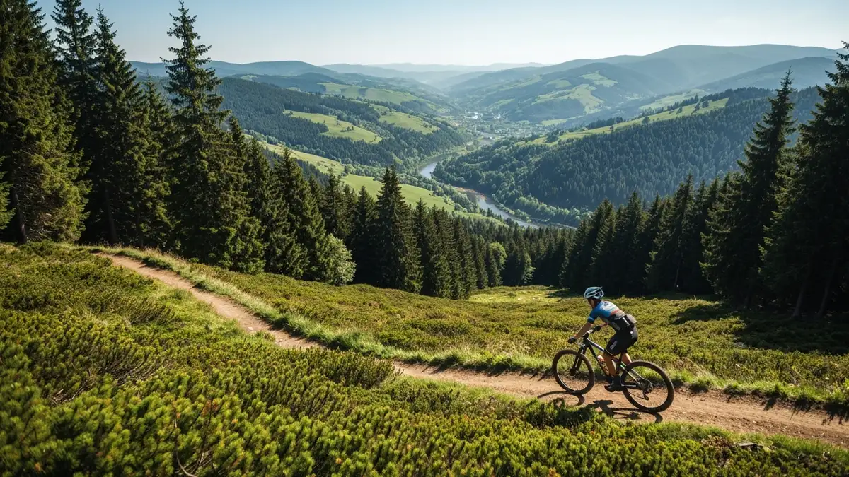 Panorama Beskidu Niskiego z cyklistą na górskiej trasie MTB z widokami na doliny i lasy