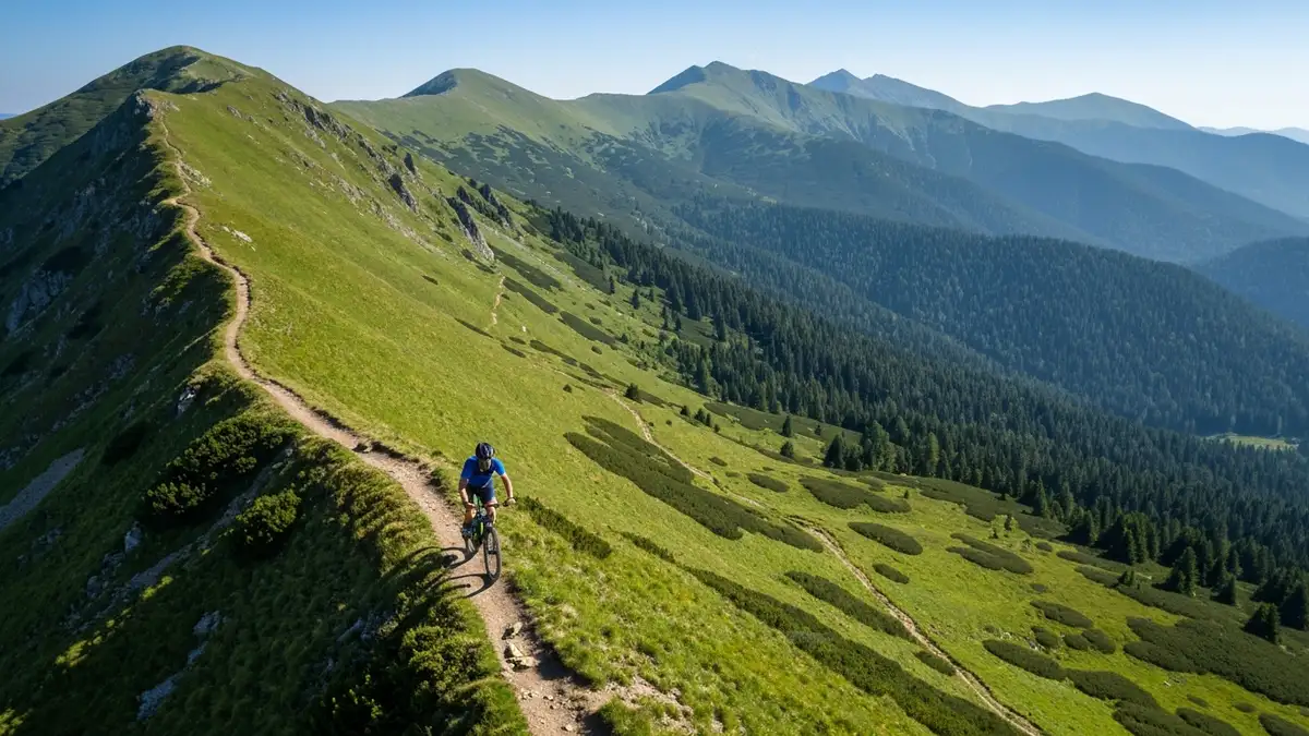 Widok na zielone góry Beskidu Sądeckiego z rowerzystą na singletraku pośród lasów, słoneczny dzień, widoczne ścieżki MTB oraz szlaki górskie