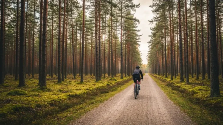 Rowerzysta na szlaku w Białowieskim Parku Narodowym, między sosnami, zielona ścieżka gruntowa