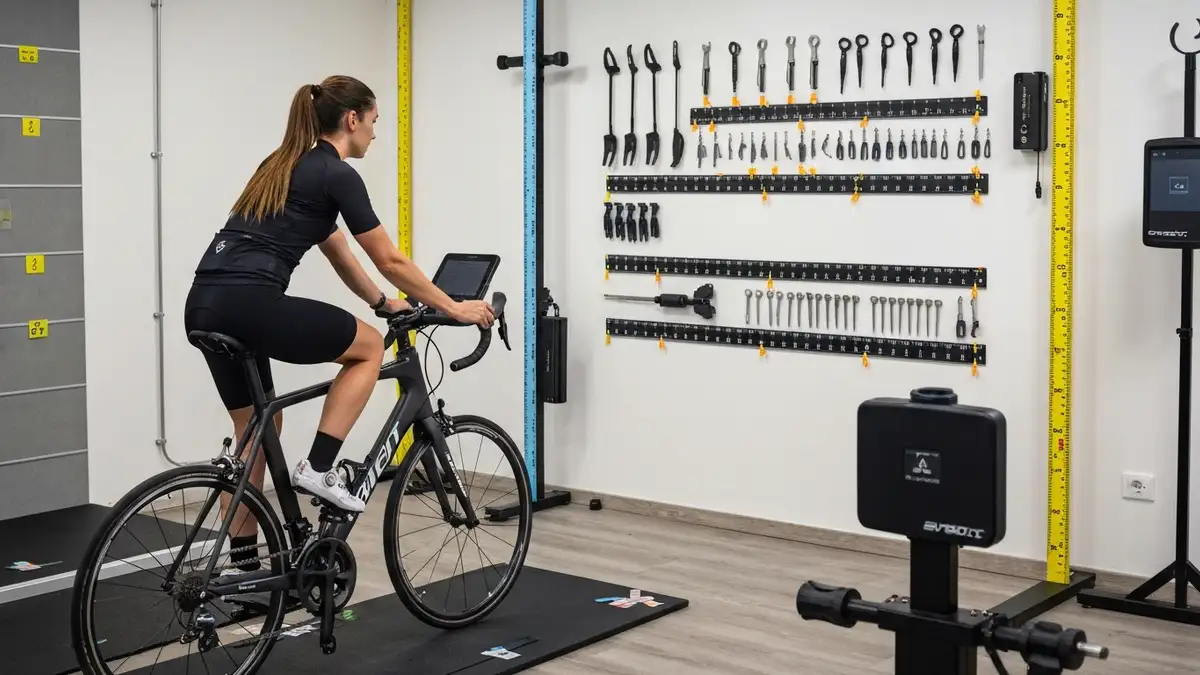 Cyklista w profesjonalnej sesji bikefit na specjalistycznym stanowisku pomiarowym z markerami antropometrycznymi
