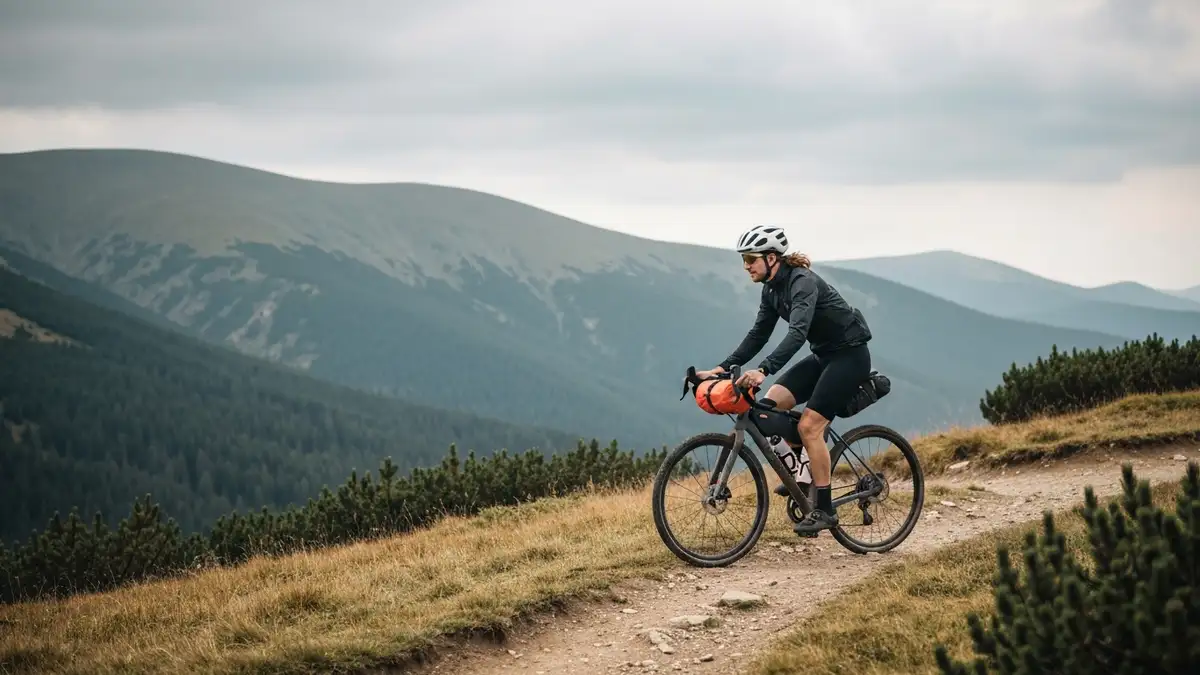Rowerzysta w tropikalnym ubraniu jedzie na gravelowym rowerze po gruntowej trasie w Bieszczadach, z plecakami transportowymi, krajobraz gór i lasu w tle