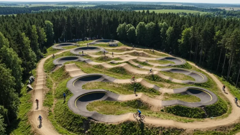 Widok z lotu ptaka na bikepark z trasami MTB, skoczniami i pumptracklem otoczonym lasem sosnowym