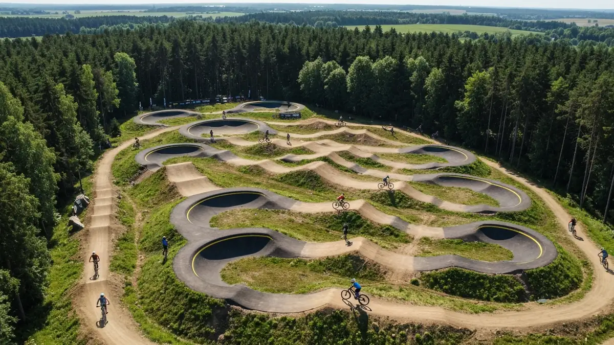 Widok z lotu ptaka na bikepark z trasami MTB, skoczniami i pumptracklem otoczonym lasem sosnowym