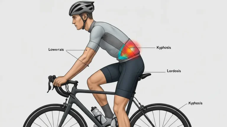 Cyklista siedzący na rowerze szosowym z zaznaczonymi obszarami bólu krzyża i pleców