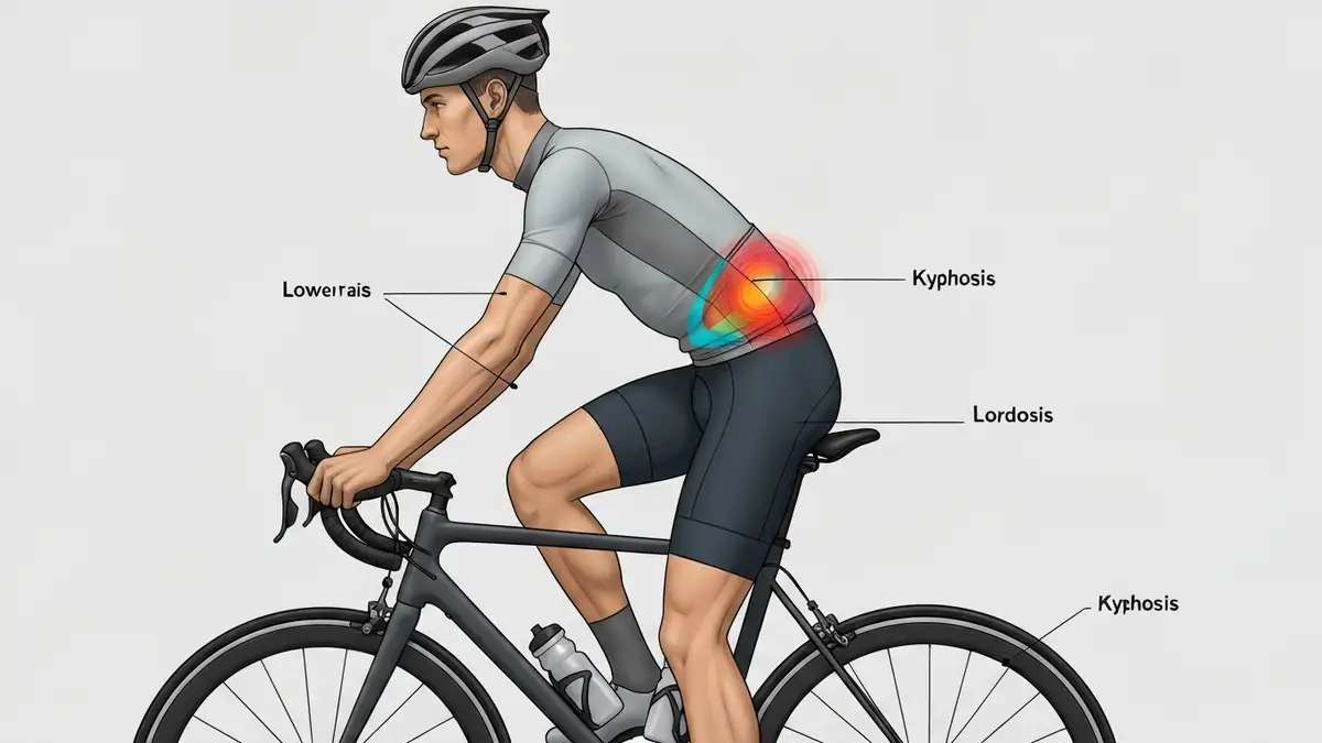 Cyklista siedzący na rowerze szosowym z zaznaczonymi obszarami bólu krzyża i pleców