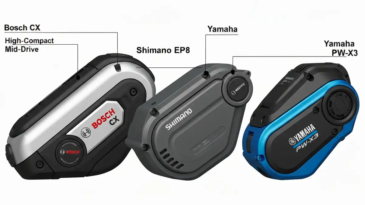 Porównanie trzech silników e-MTB: Bosch CX, Shimano EP8, Yamaha PW-X3 obok siebie