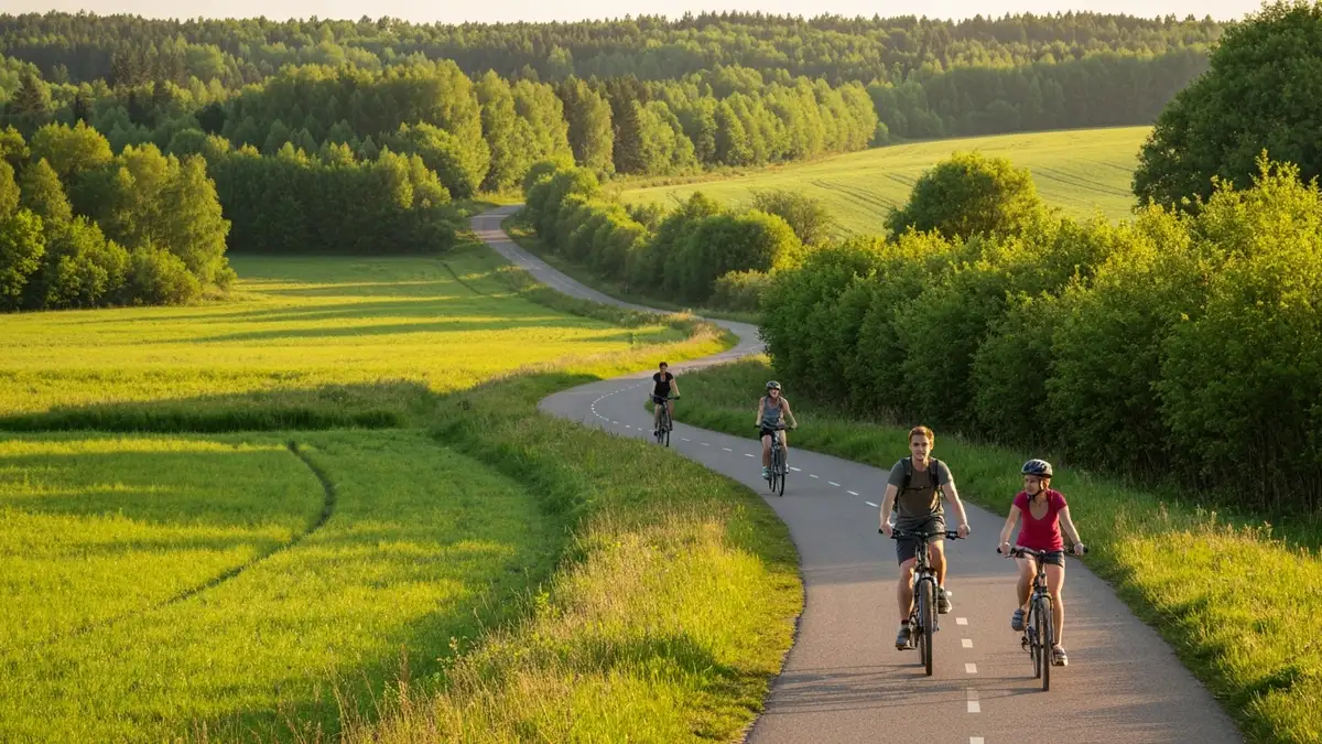 Bursztynowy Szlak Greenways - długa aleja drzew z rowerzystą na szosie, krajobraz polski