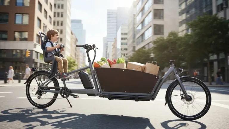 Cargo e-bike z dzieckiem w koszyku, ciężkie ładunki, ulica miejska, nowoczesny rower elektryczny