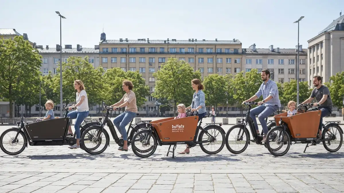 Pięć nowoczesnych cargo e-bike ustawionych obok siebie na tle polskiego miasta - Riese Müller, Urban Arrow, Bakfiets, Rad Power, Packster