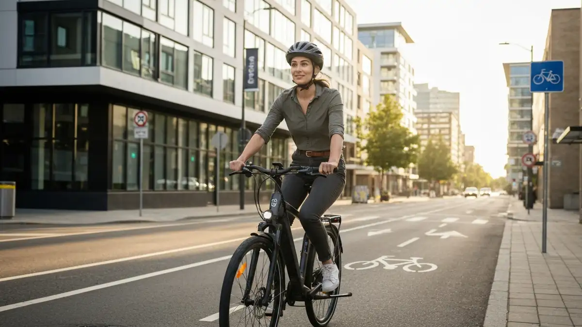 Kobieta jadąca na miejskim rowerze elektrycznym w nowoczesnym otoczeniu urbanistycznym