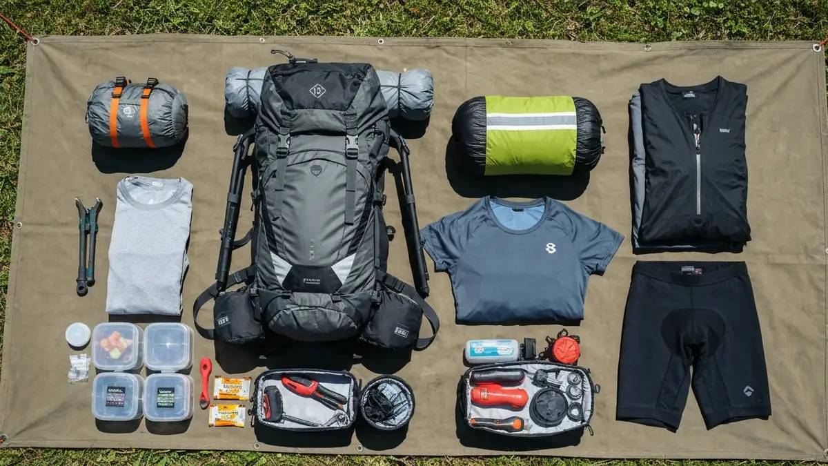 Rozpakowany sprzęt do bikepackingu ułożony na materiału - plecak, namiot, śpiwór, ubrania, narzędzia, jedzenie