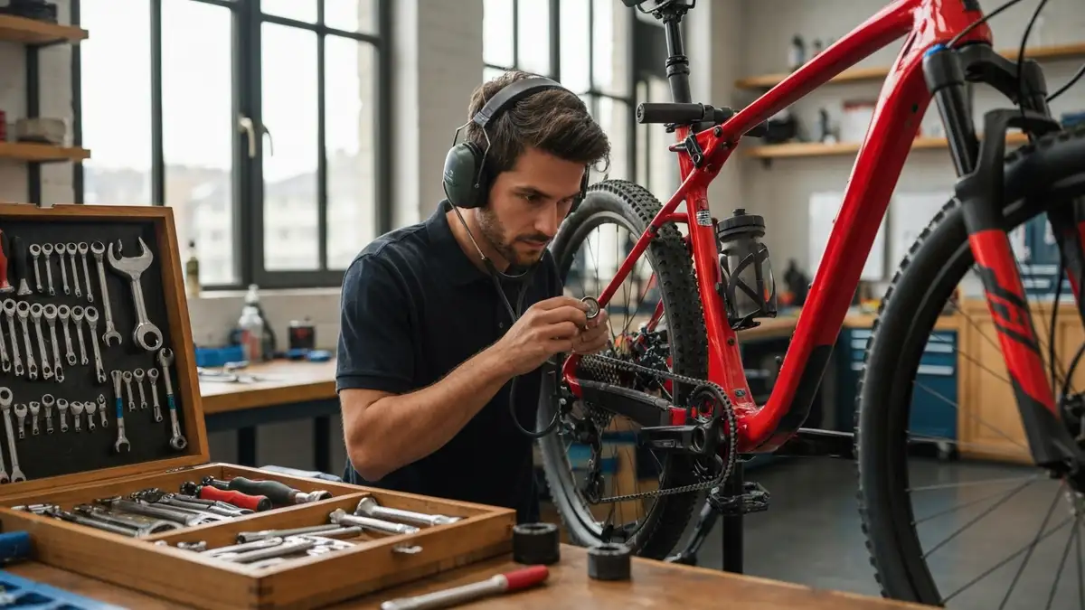 Mechanik rowerowy trzymający stetoskop diagnostyczny przy ramie roweru górskiego, warsztat serwisowy w tle