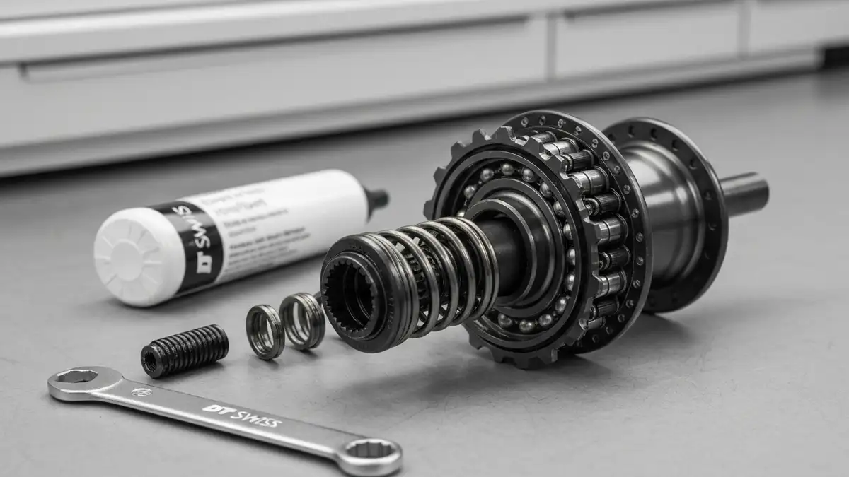 Rozmontowany bębenek piasty DT Swiss Star Ratchet z widocznym mechanizmem sprężyn, kulistków i kopuły