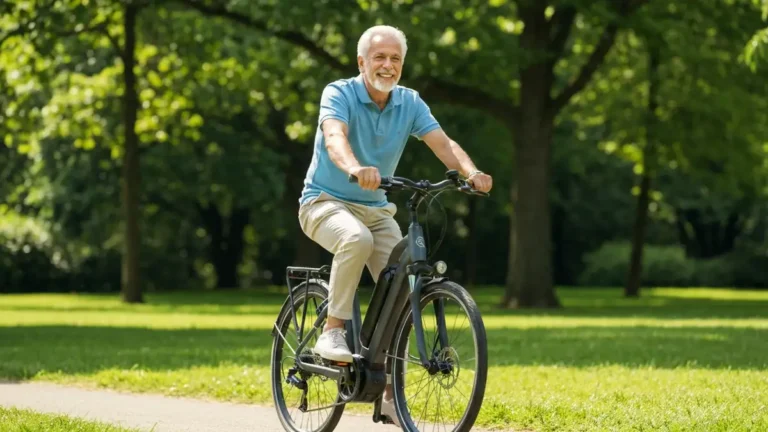 Senior jedzie na e-bike city w parku, uśmiechnięty, tło zielone, pogodny dzień