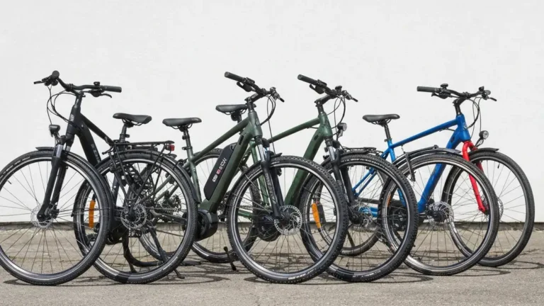 Cztery modele e-bikeów do 8000 złotych z silnikami Bosch i przerzutkami Shimano ustawione obok siebie