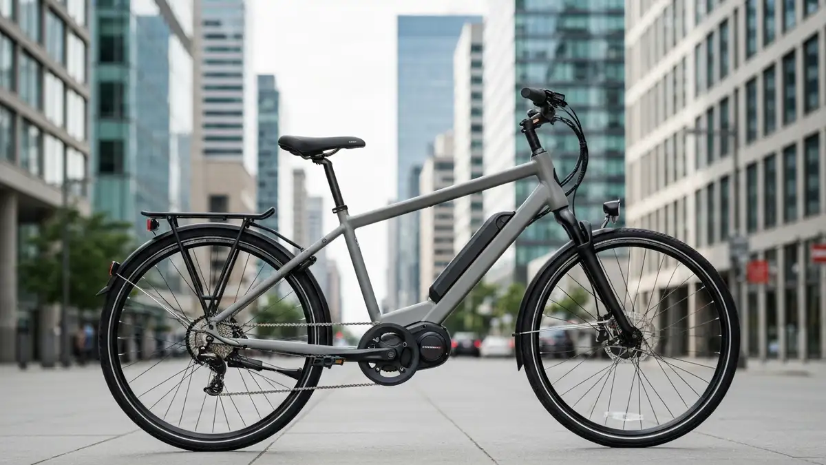 E-bike miejski z napędem centralnym, czarny, widok z boku, osoba w mieście, ulica