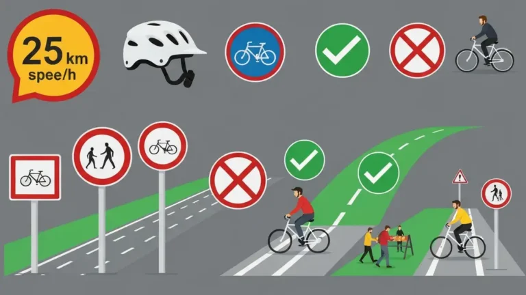 Infografika przepisów e-bike w Polsce 2026 - limit 250W, 25 km/h, kask, ścieżki rowerowe