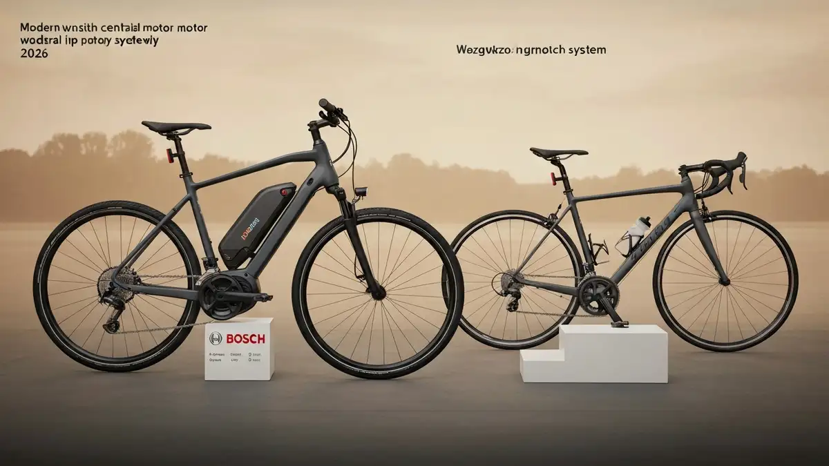 Porównanie e-bike z silnikiem centralnym Bosch i zwykłego roweru szosowego obok siebie, pokazując składniki napędu elektrycznego