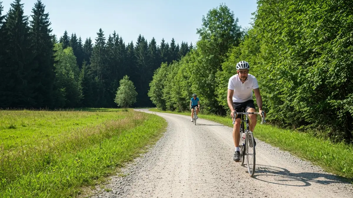 Rowerzysta na Eurovelo 13 jadący przez północną Polskę, krajobraz historycznych granic i lasów
