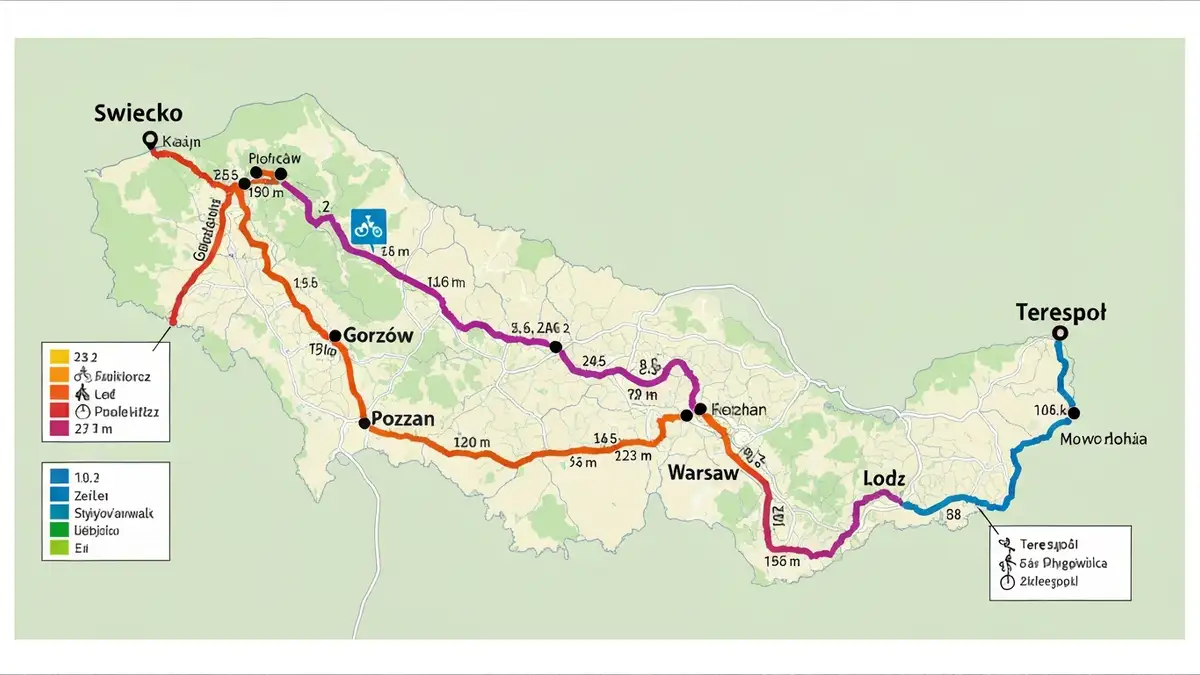 Mapa Eurovelo 2 w Polsce - trasa od Świecka do Terespola z zaznaczeniem głównych miast i etapów