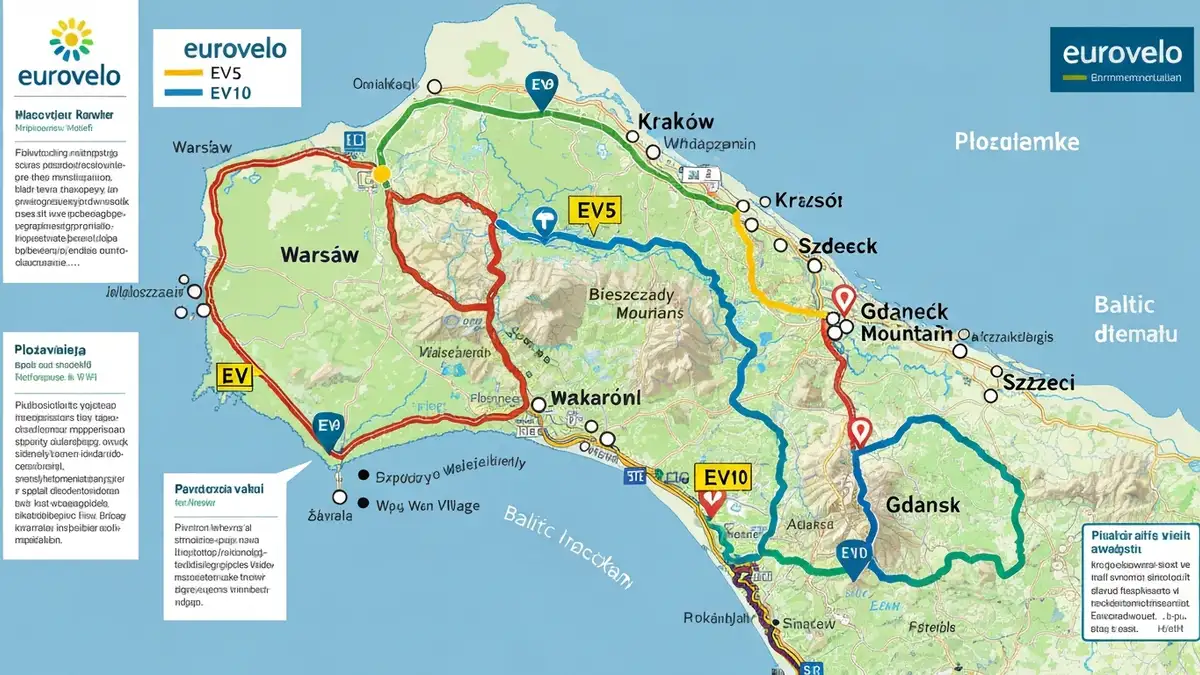 Mapa wszystkich szlaków Eurovelo przebiegających przez Polskę - trasy EV2, EV5, EV9, EV10, EV13 zaznaczone kolorami