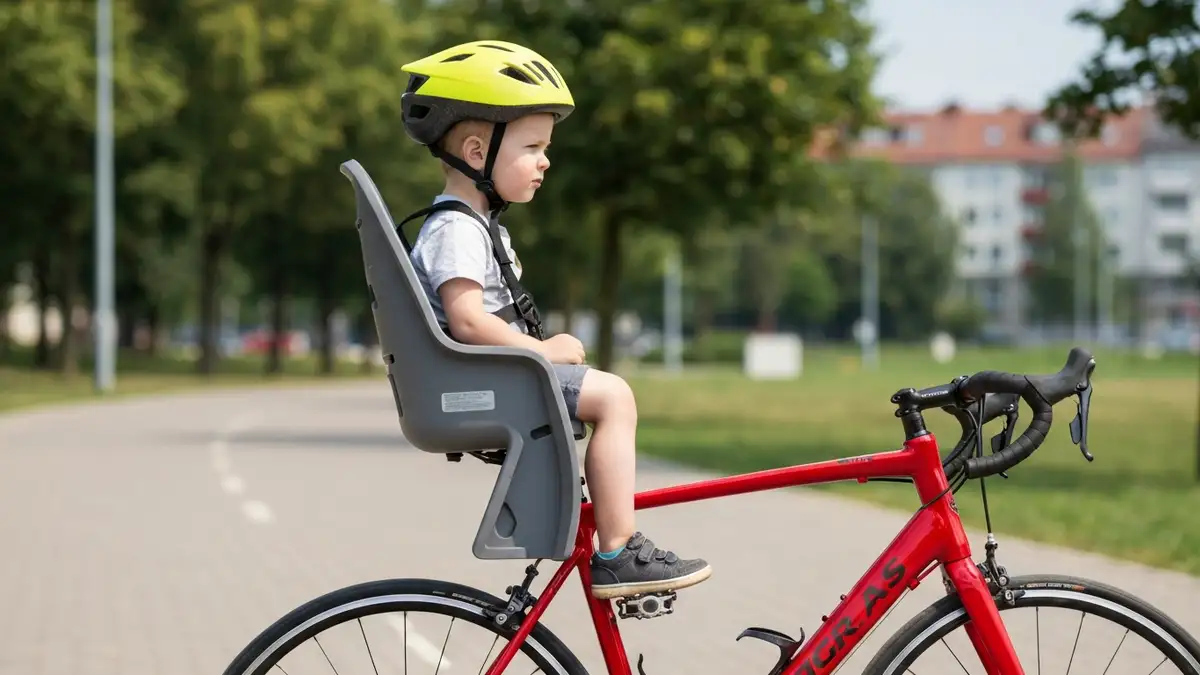 Fotelik rowerowy montowany z tyłu roweru, dziecko w kasku, pas bezpieczeństwa zaciśnięty