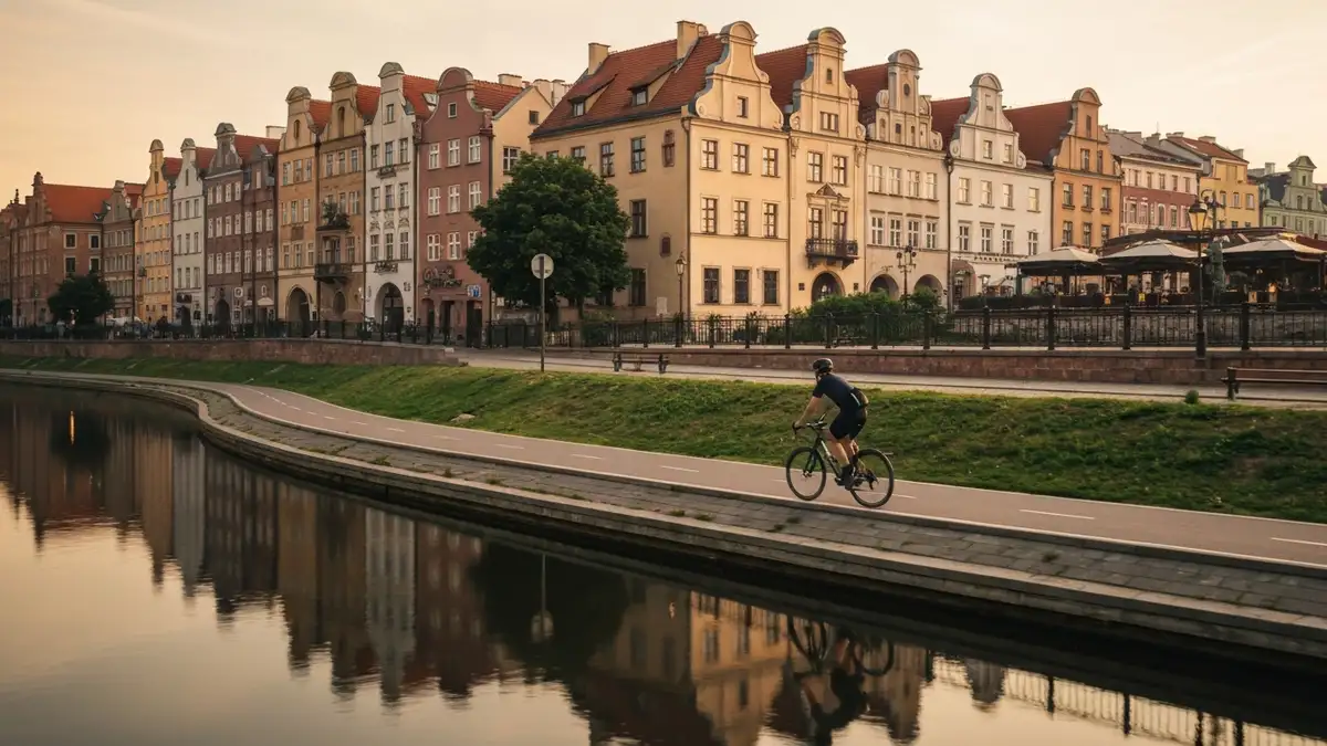 Rowerzysta na ścieżce rowerowej wzdłuż Motławy w Gdańsku, widok na Stare Miasto