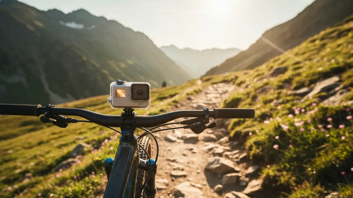 GoPro Hero 13 Black zamontowana na kierownicy roweru mountain bike na trasie górskiej