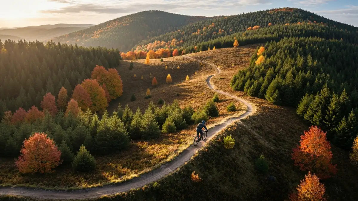 Widok panoramiczny na Góry Świętokrzyskie z rowerzystą na szlaku MTB wśród zielonych lasów