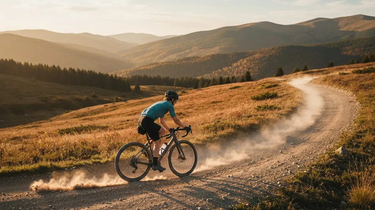 Rowerzysta na rowerze gravelowym jadący po żwirowej trasie wśród polskich gór z panoramą Beskidów w tle