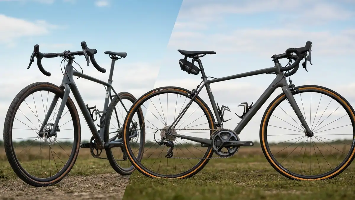 Porównanie roweru gravel i szosowego obok siebie - gravel z szerszymi oponami i gumą, szosa z wąskimi oponami