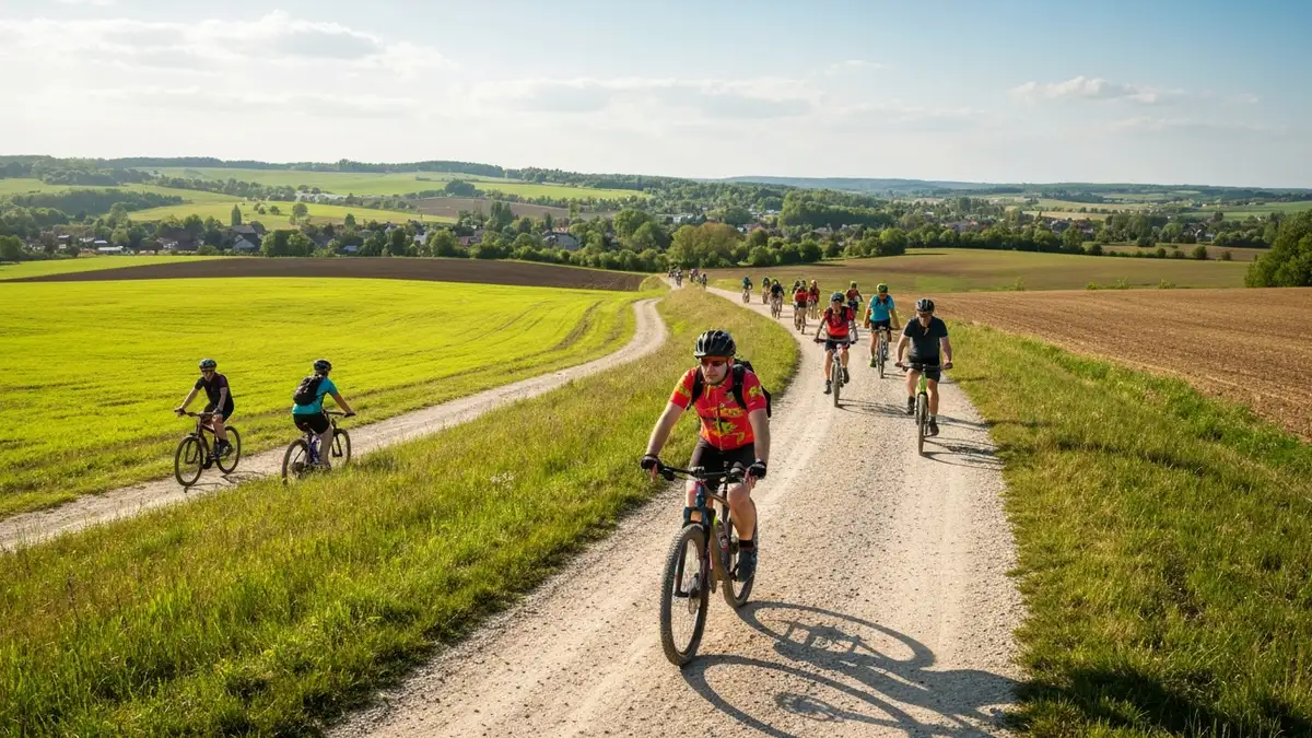 Green Velo szlak rowerowy etap lubelski podkarpacki rowerzystka na gruntowej trasie wśród pól
