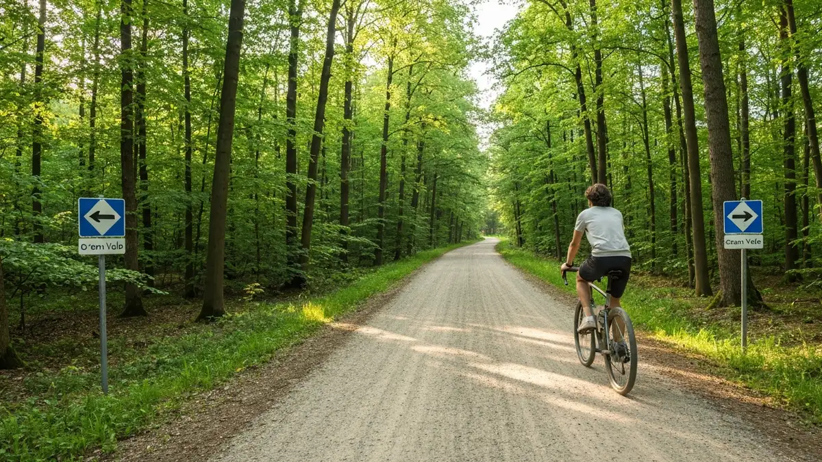 Ścieżka rowerowa w Puszczy Białowieskiej, las iglasty, zielona trawa, błękitne niebo
