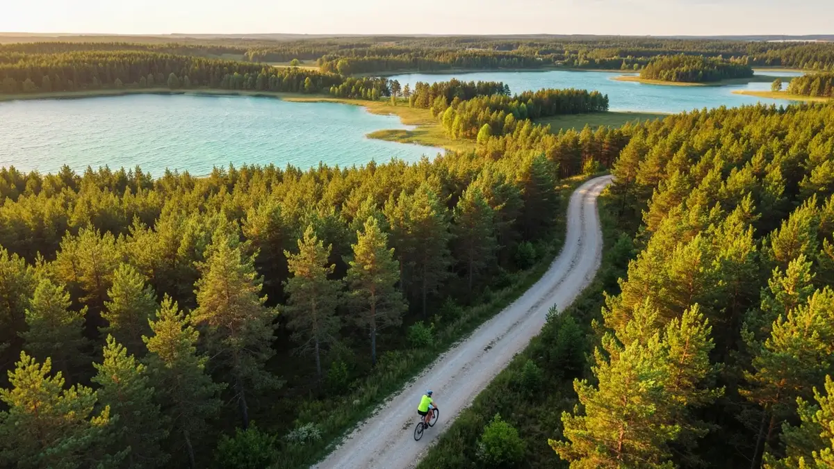 Widok na przesmyk wodny między jeziorami podczas jazdy rowerem na Green Velo etap warmińsko-mazurski, zielony krajobraz borów sosnowych